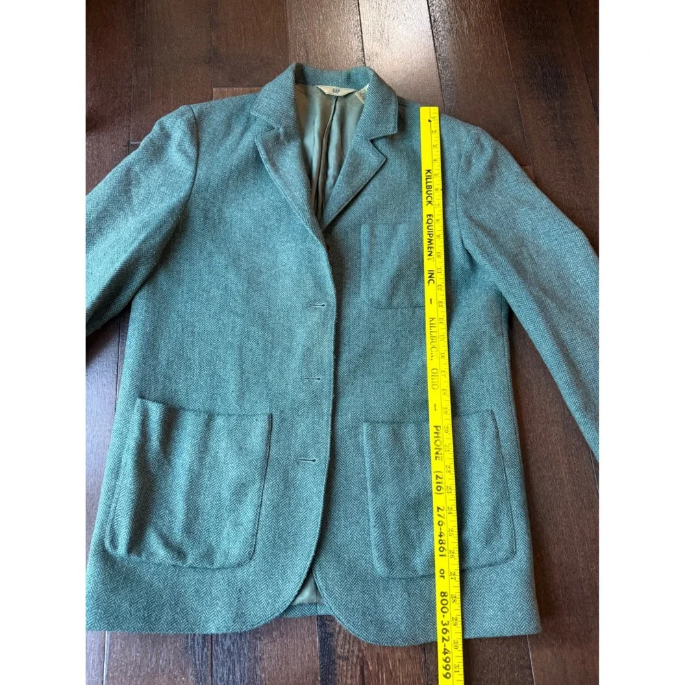 Vintage GAP Herringbone Blazer M Green Wool Blend Elbow Patches Academic preppy
